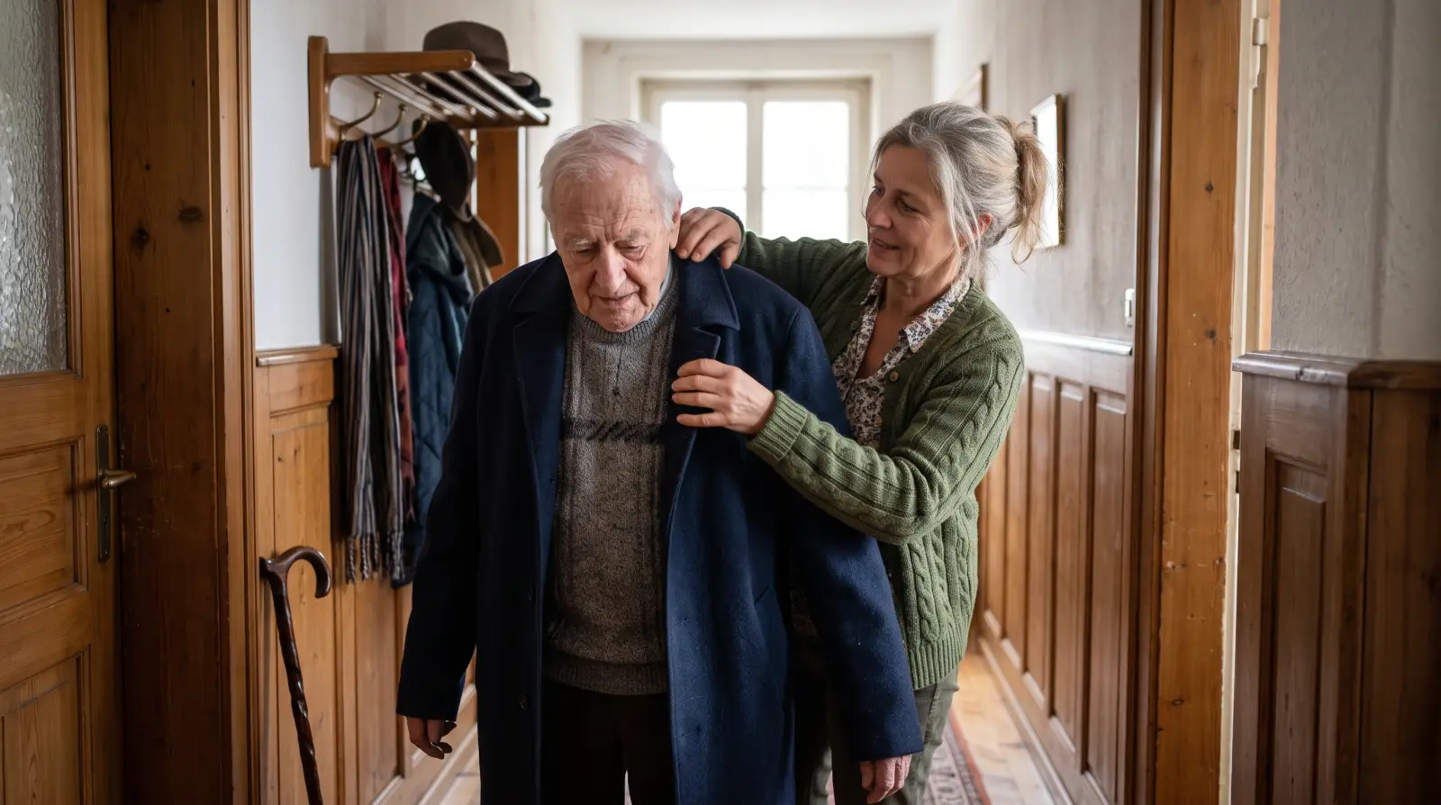 Eine Frau Mitte fünfzig hilft ihrem betagten Vater im Hausgang in den Mantel, an der Wand lehnt ein Spazierstock.