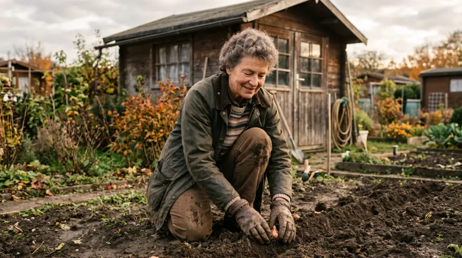 Eine Frau Anfang sechzig kniet im Familiengarten vor einem Holzhäuschen und setzt Blumenzwiebeln.